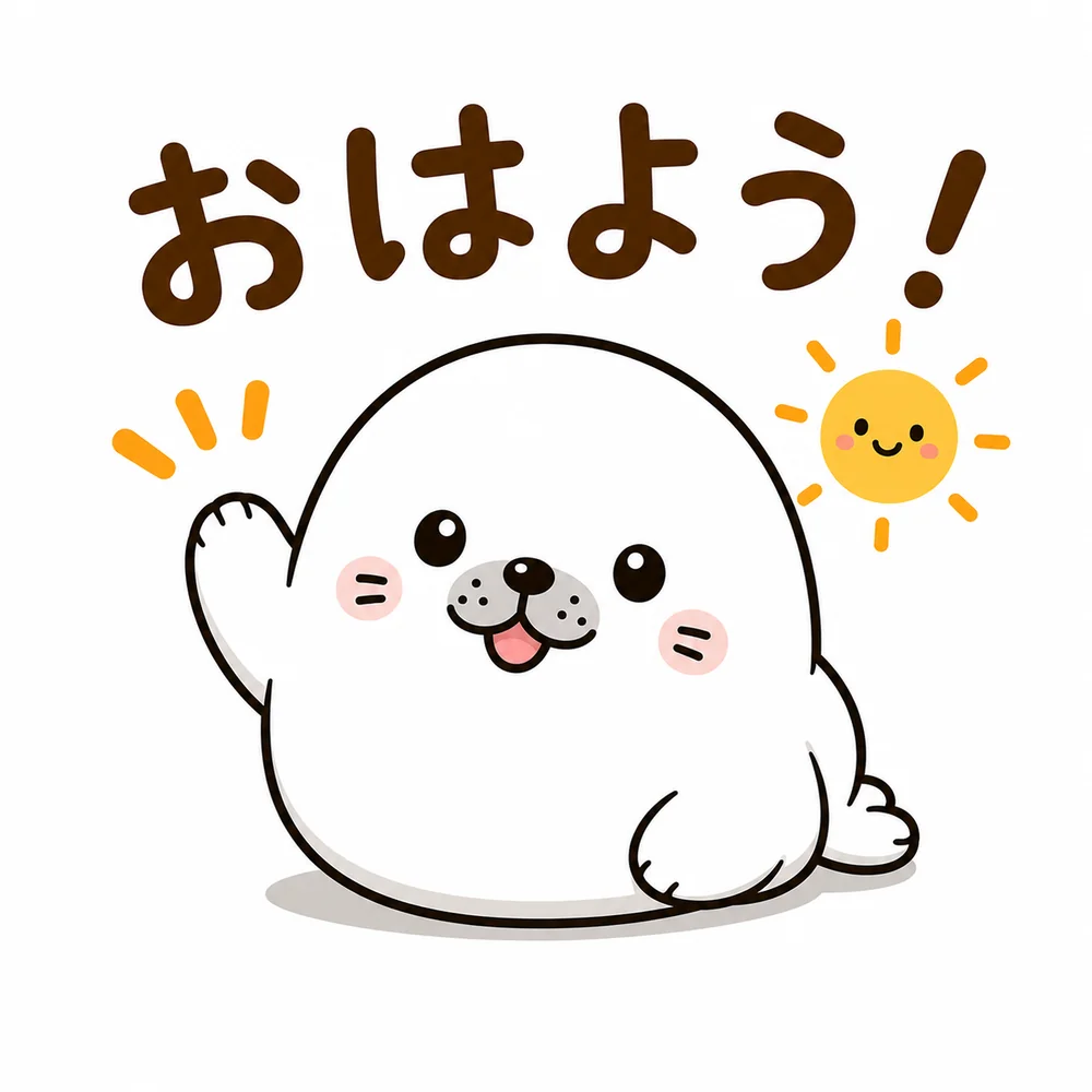 「おはよう！」の文字と太陽、前足を上げて挨拶する白いアザラシのイラスト